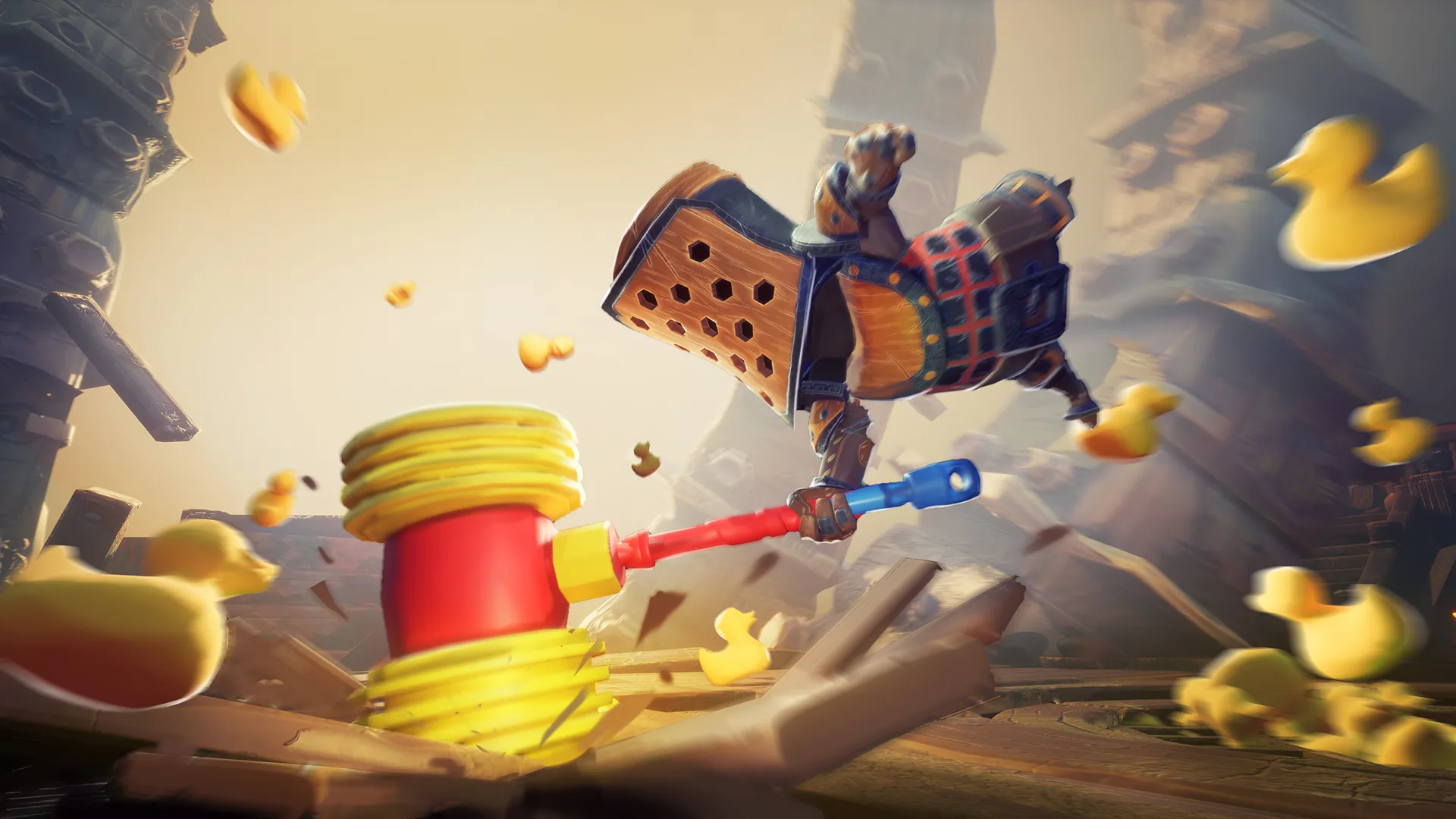 Knight smashing the ground with a huge hammer in the arcade game Big Helmet Heroes.