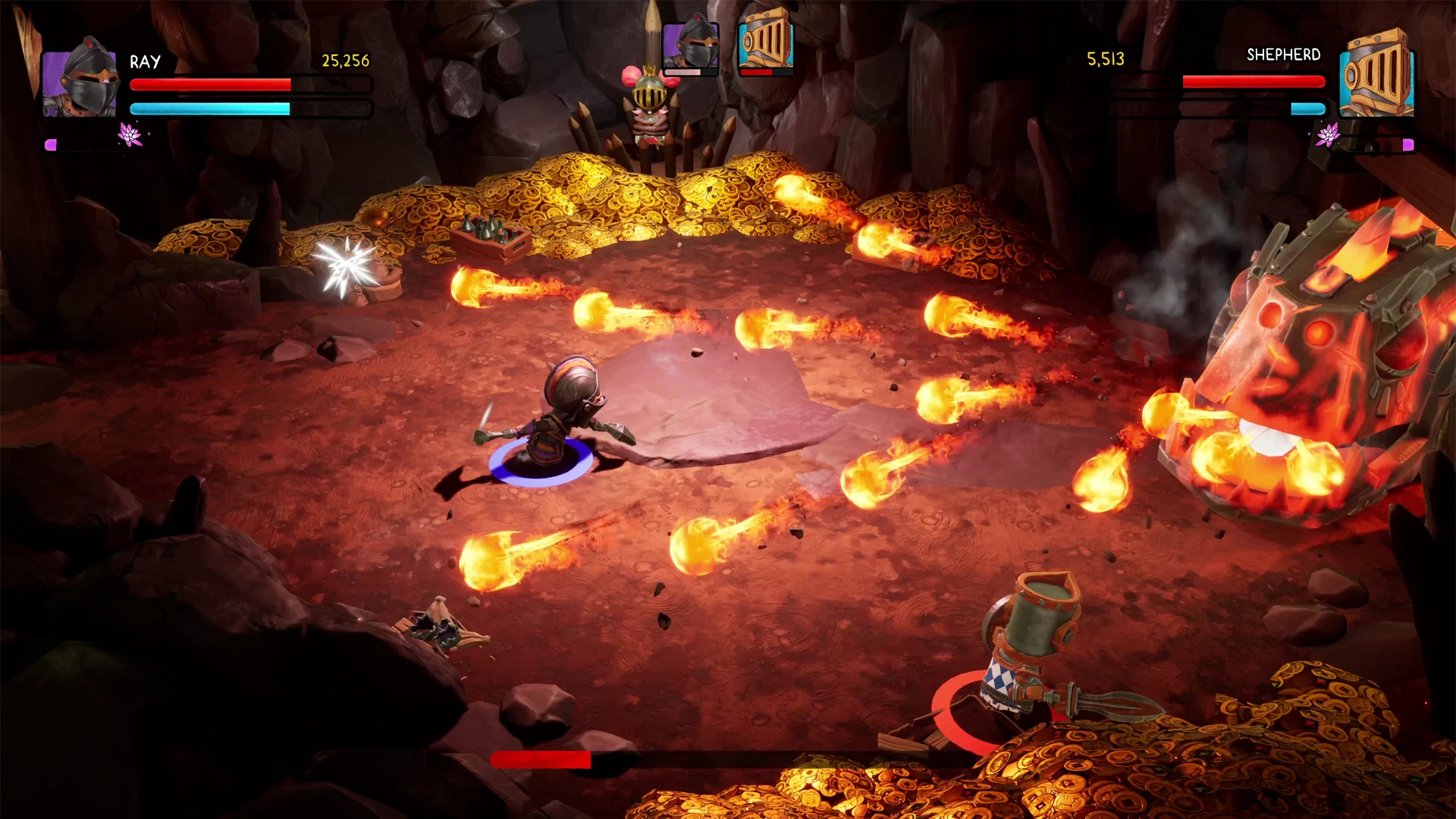 Warriors dodge fireballs in a beat'em up video game