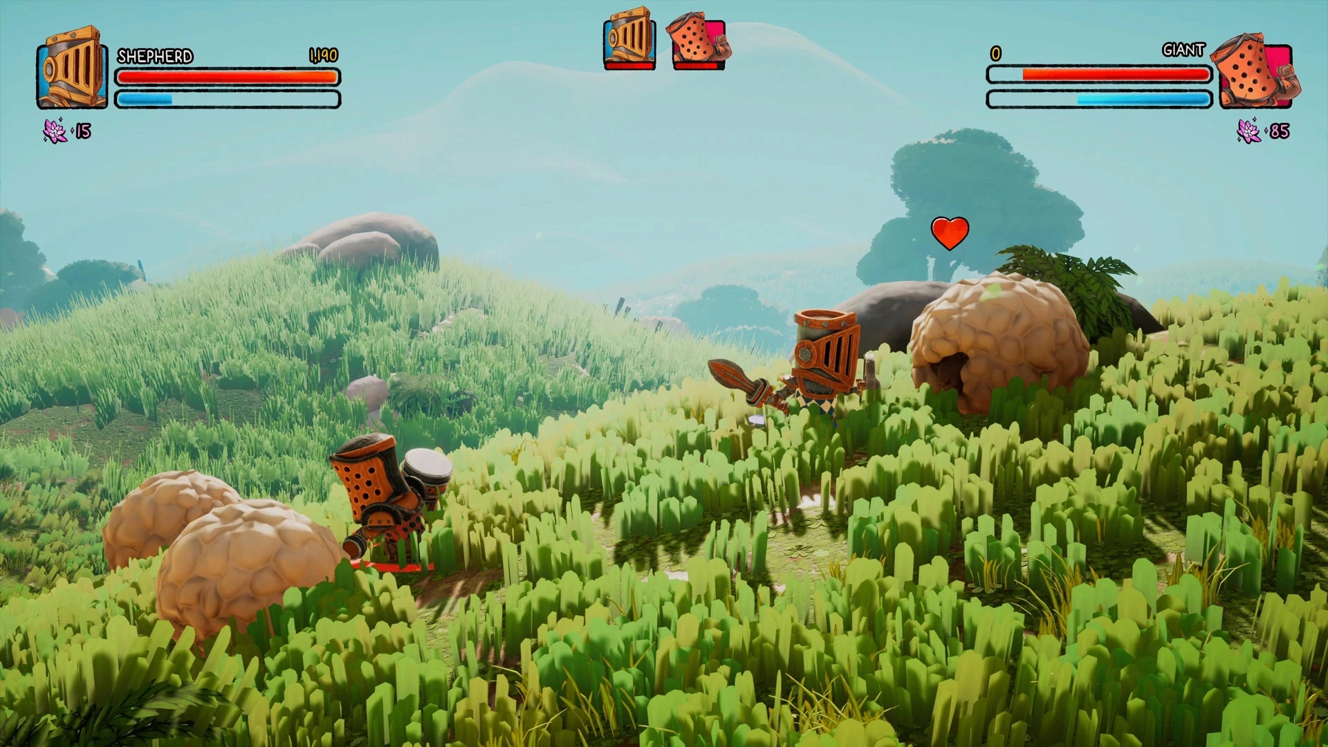 Two knights on a hill under a blue sky in an arcade game